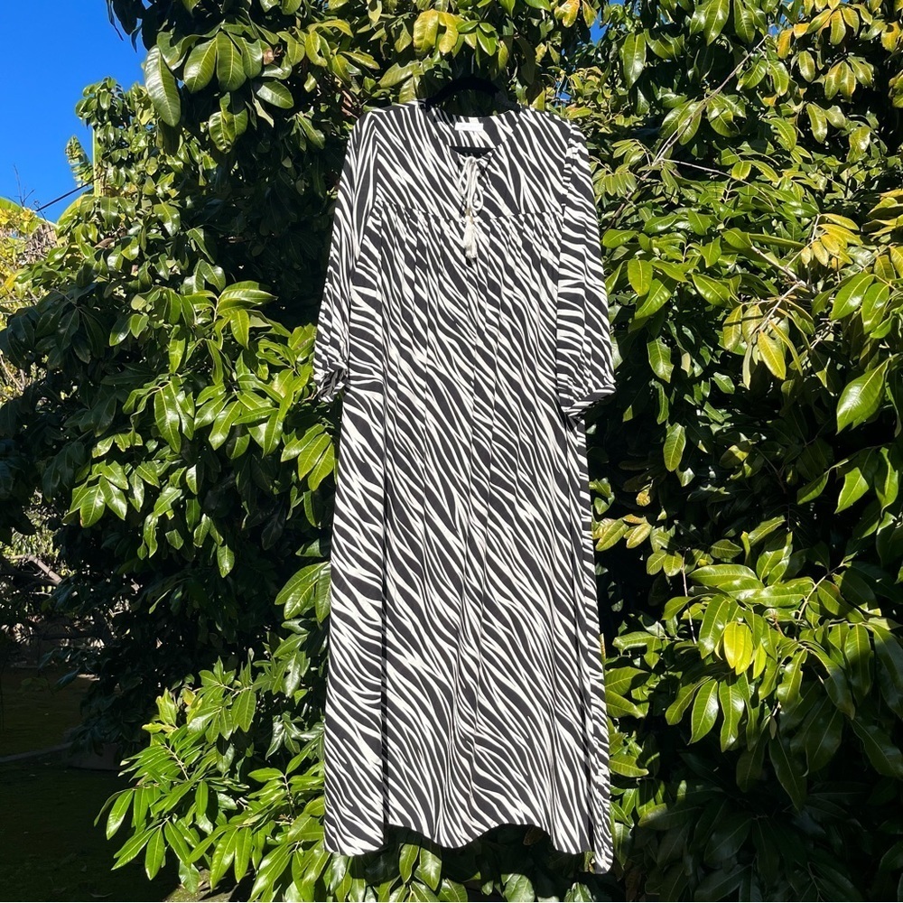 Anine Bing black and white zebra animal‎ print short puff sleeve midi maxi dress